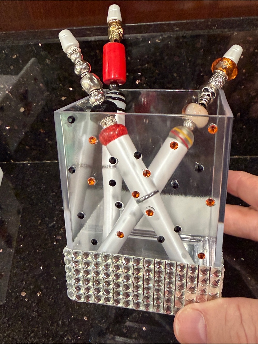 Memo note holder, pen cup, and three pens for Halloween decor / crystal & beads - Picture 11 of 11